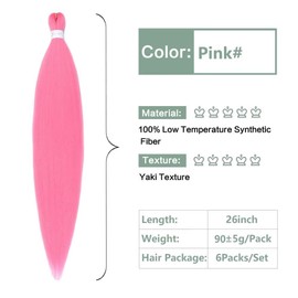 YDDM Pre Stretched Braiding Hair Braiding Hair Extensions Pink Braids Extensions Hair 26 Inch 6packs Box Braid Hair Extensions Hair For Braiding Crochet Hair Braiding (26 Inch, Pink#)