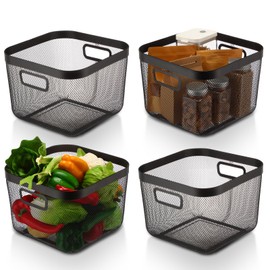 MorningRo 4 Pack Metal Mesh Basket with Hollow Handles 11 x 11 x 7.9 Inch Wire Storage Bin for Organizing Stackable Metal Fine Mesh Basket for Pantry Kitchen Bathroom Cabinets Shelves (Black)