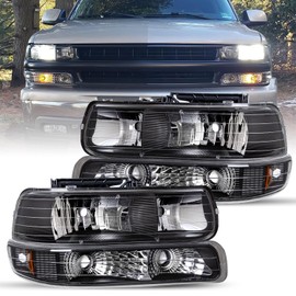 JSBOYAT 4pcs Headlight Assembly Fit for 1999-2002 Chevy Silverado 1500 2500/00-06 Chevy Tahoe Suburban, with Bumper Lights Passenger & Driver Side