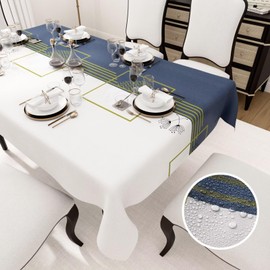 Rectangular Waterproof PVC Tablecloth, Tablecloth for Dining Room, Garden, Party, Weddings or Household, Blue/White, 140 x 180 cm
