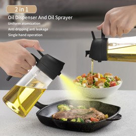 2-in-1 Oil Dispenser and Sprayer, Kitchen Gadgets, Olive Oil Dispenser Bottle with Anti-Drip Spout, Oil Sprayer, For Salads, Air Fryer, Frying, Barbecue Green+Black 470ML/ 15.8fl.oz(2pcs)