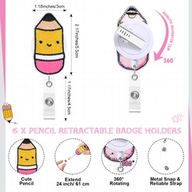 Kolldenn 6 Sets Valentine's Day Teacher Appreciation Gift Include Teacher Badge Reel Pencil Shaped Badge Holder Retractable Clip with Thank You Cards Gift Bags Teacher Thank You Gifts