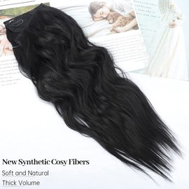 PORSMEER Invisible Wire Hair Extensions with Transparent Headband Adjustable Size 4 Secure Clips Black Long Wave Hairpiece 20 Inches for Women