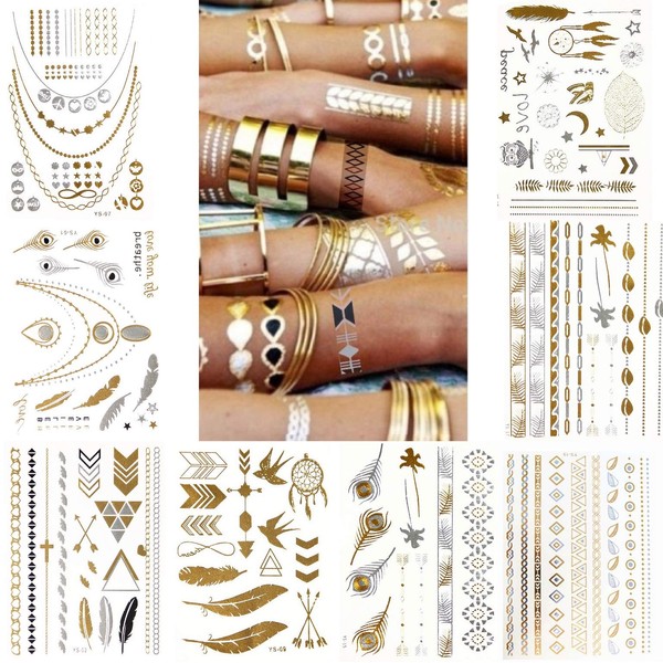 (Random Send) Waterproof Metallic Temporary Tattoos, Flash Fake Tattoo Stickers For Outdoor Body Arm Decoration Gold and Silver Color (4 Sheets)