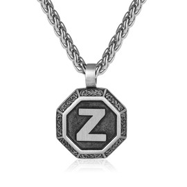 Rajputana Initial Necklace for Men Boys Stainless Steel Letter Pendant Chain A-Z 20+2 Inch Octagonal Nordic Viking Talisman Jewelry Gifts, Stainless Steel, No Gemstone