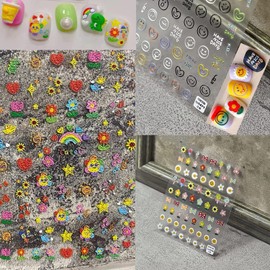 New Sunflower Nail Art Stickers Decals Candy Color Cartoon Sun Flower Colorful Flower Embroidery Self-Adhesive Nail Stickers Cute Nail Stickers Nail Art Decoration (3 Pieces)