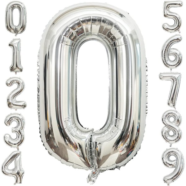 40 Inch Number Balloons Silver Birthday Balloons 0 Number Foil Balloons Birthday Happy Birthday Decoration Wedding Anniversary (0, Silver)
