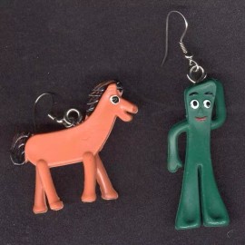 Team-Zebra Vintage Retro GUMBY POKEY EARRINGS Novelty Cartoon Toy Mini Figure Funky Jewelry