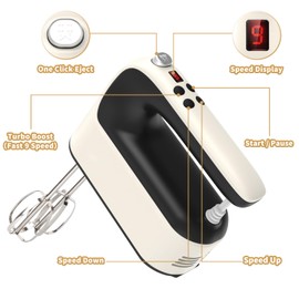 Yomelo 9-Speed Digital Hand Mixer Electric, 400W Powerful DC Motor, Hand Mixer Electric Handheld with Snap-On Storage Case, 5 Stainless Steel Accessories, Beaters, Dough Hooks, Whisk(Creamy/Black)