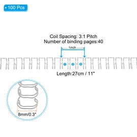 PATIKIL 8mm (5/16") Double Loop Wire Binding Combs, 100 Pcs Metal Twin Loop Binding Coils 40 Sheet Capacity 3:1 Pitch 32 Ring Binding Spines, Silver