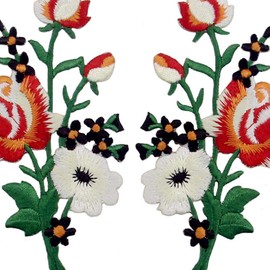 Flowers Bouquet Embroidered Badge Iron-on or Sew on Patch, Pack of 2, Red and White