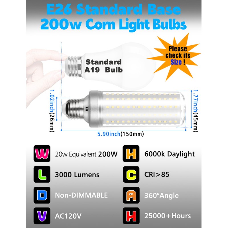 Big Size: 1.77x 5.90inches E26/E27 200W Equivalent LED Corn Light