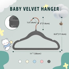 Wellong Baby Velvet Hangers, 28cm Kids Clothes Hangers, Non-Slip Childrens Hangers for Infant and Toddler 16 Pack Grey - Rose Gold Hook