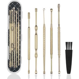 6 Pcs Extended Ear Wax Removal Kit,Professional Double-Headed Ear Pick Earwax Removal Tools,316L Stainless Steel Ear Cleaner Curette with Cleaning Brush and Storage Box,Suit for Kid Adult(Gold) - Color: Gold