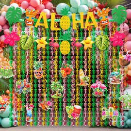Tingjoo 31 Pcs Hawaiian Aloha Party Decorations Include Glitter Aloha Banner 3.3 x 6.6 ft Tropical Palm Leaves Foil Fringe Curtain Hanging Swirl Ceiling Streamers for Summer Luau Birthday Supplies