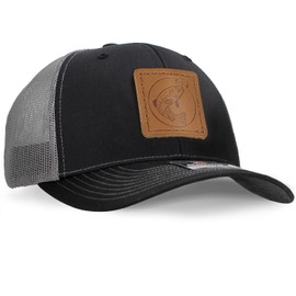 Fish Hook Leather Patch Hat | Machine-Stitched Badge on Richardson 112 Trucker Hat | Adjustable Snapback Mesh Back Country Trucker Hat, Richardson Hat | Trucker Hat with Patch (Black+Charcoal)