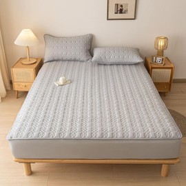 Double Mattress Protector Quilted 150x200/180x200 cm, Mattress Covers King/Single Size Breathable Bed Sheet, Extra Deep Fitted Mattress Cover 30 cm Mattress Pad(Gray,90x200cm)