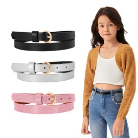 WERFORU Children's Skinny Belt Glitter PU Leather Belt for Girls Colourful Girls Belt with Gold Buckle for Jeans Dress, B-Black+Silver+Pink