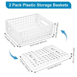 Marte Vanci Plastic Storage Baskets, Handy Storage Boxes with Handles, Stackable Organising Basket for Shelves, Desk, Cupboard Organiser Bins for Kitchen Pantry Bathroom Bedroom White 2 Pack