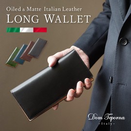 Dom Teporna Men's Long Wallet, Genuine Leather, Italian Leather, Thin, Slim, YKK Excella, Zipper, Gusset, Coin Purse, Card Slot, Oil Leather, shinygreen