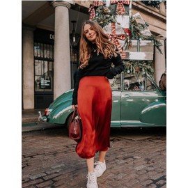 Zeagoo High Waisted Skirts for Women Satin Fall Skirts Elegant Silk Skirts Work Brown