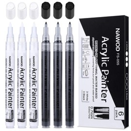 NAWOD [ Back to School ] NAWOD Paint Pens White Black Acrylic Marker 6 Pack, Acrylic Permanent Marker, White Paint Pens for Rock Ceramic Wooden Leather Glass Painting Metal Tire, 0.7mm Extra Fine Point Quick Drying, Non Toxic, Non Odor - Color: Extra fin