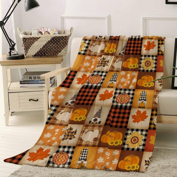 Thanksgiving Pumpkin Throw Blanket Maple Leaf Gnome Fall Plaid Patchwork