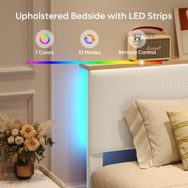 Bestier Full Size Corduroy Upholstered Bed Frame with Adjustable Vertical Channel Tufted Headboard, LED Platform Bed with Storage Shelf, Solid Wood Slat, No Box Spring Needed, No Squeak(Cream)