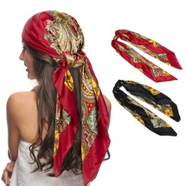 Senker Fashion 35" Head Scarf for Women, Pirate Costume Accessories Silk Red Bandana for Hair Wrapping and Sleeping