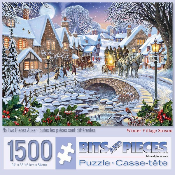 Bits and Pieces - 1500 Piece Jigsaw Puzzle for Adults 24" x 33"  - Winter Village Stream - 1500 pc Holiday Seasonal Snowy Town Square Cobblestone Bridge Jigsaw by Artist Steve Crisp