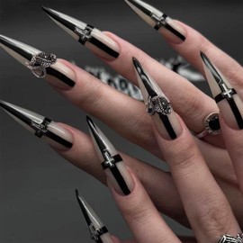 Goth Press on Nails Stiletto Fake Nails with 3D Cross Designs 24 Pcs Natural Reusable Long Almond Acrylic Nail Full Cover Stick on Nail for Women WYFHDT