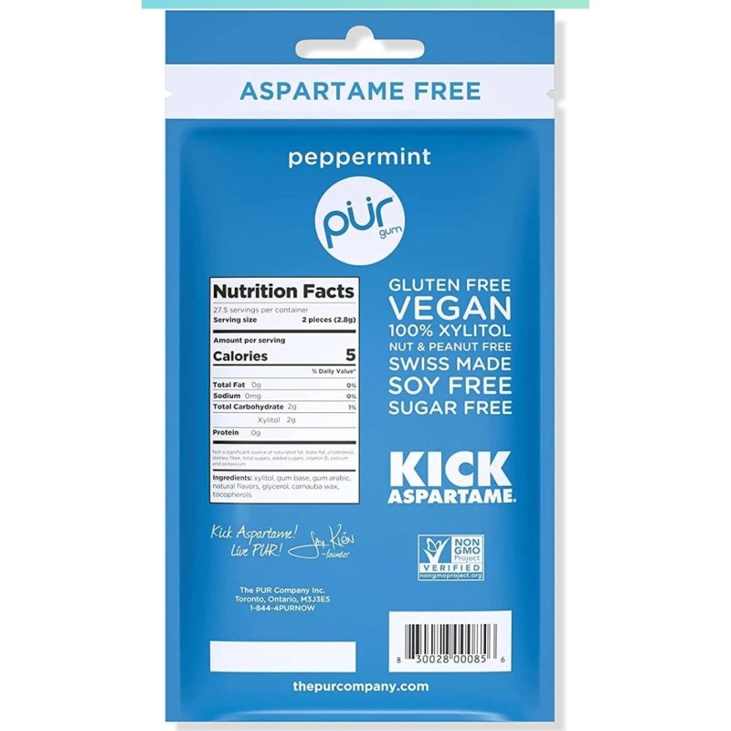 PUR Xylitol Chewing Gum PEPPERMINT (55 Pieces, 12 Pack)Sugarless Vegan