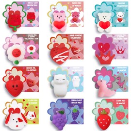 ricluck Valentines Day Cards Gifts for Kids, 24 PCS Mochi Squishy Party Favors Set with Valentine's Day Greeting Cards for Kids Valentine Classroom Prizes Party Favors, Valentine Exchange Gifts Set