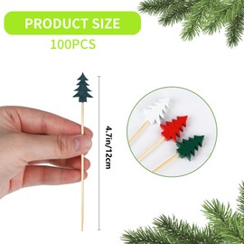 100 pcs Cocktail Toothpicks for Appetizer, Food Festive Toothpicks Appetizer Skewers 4.7" Wooden Sticks with Christmas Trees on the Top