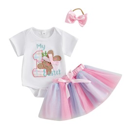 Saliuentm Newborn Baby Girl Easter Outfit Letter Short Sleeve Bunny Romper Tulle Tutu Skirt My First Easter Baby Girl Outfit 3Pcs (A-Pink,0-3 Months)
