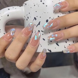 Nail Tip, Long, 24 Pieces, Nail Tip, False Nail, Gradient, Pink, Silver Foil, Skin Color, 3D Nail Sticker, Popular, Japanese Style, Cute, Simple, Fashionable Party, Nail Tip, Autumn, Spring, Summer,
