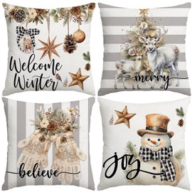 Miaikoe Christmas Cushion Covers 50x50 cm Set of 4 Snowman Gloves Welcome Winter Grey White Strip Christmas Throw Pillow Covers Winter Farmhouse Decoration for Home