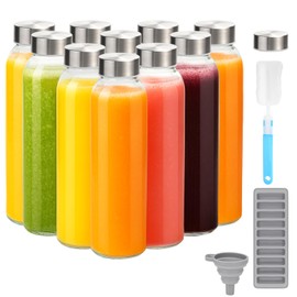 Zukro Glass Water Bottles with Lids 18 oz, 10 Pack Reusable Juice Bottles With Stainless Steel Airtight Cap for Juicing, Leak Proof Clear Drinking Jar Beverage storage container for Fridge, BPA Free