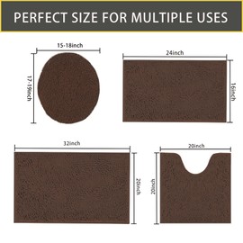 Bathroom Rugs Sets 4 Piece with Toilet Lid Cover, Soft Shaggy Bath Rug Set and U Shaped Toilet Rug, Machine Washable Chenille Bathroom Set Bath Mat Non-Slip PVC Backing Water Absorbent Gifts, Coffee