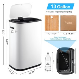 ExploreHorizon 14.5 Gal/55L Motion Sensor Trash Can, Touchless Automatic Garbage Bin with Soft-Close Lid & Handle, Rectangular Waste Basket for Kitchen, Bathroom, Bedroom, White(No Inner Bucket)