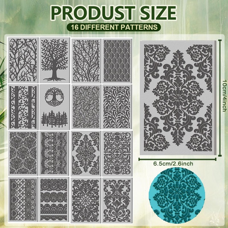 CONCHLERY 16 Sheets Tree Clay Texture Mat Lace Element 4x2.6