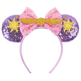 zhezesmila - Diadema de orejas de mouse moradas con lazo de lentejuelas para mujer, disfraz de princesa, fiesta de cumpleaños