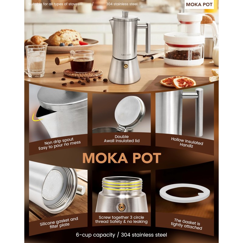 10oz 6 Cup Stovetop Moka Pot Food Grade Stainless Steel