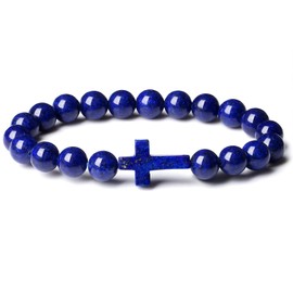 DUQGUHO Cross Bracelet for Women Lapis Lazuli Bracelet for Women Natural Healing Crystal Bracelet 8mm Blue Crystal Bracelet Religious Christian Bracelet Stretch Christian Gifts for Women Men