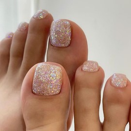 24Pcs Nude Glitter Press on Toenails Short Square Fake Toenails Glue-Free False Toenails with Glitter Sequin Design Reusable Acrylic Nails Toenails Press ons Summer Beach Toenails for Women