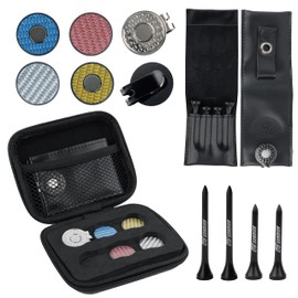 SANDIAN, Golf Ball Markers Carbon Fiber T800 Set with Genuine Black Leather Belt Clip Tee Holder Pouch, Magnetic Hat Clips, Storage Case [Black Leather]