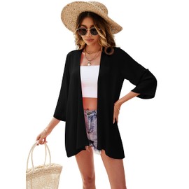 Ietaoo Women's Long Cardigan Floral Kimono Cardigan Summer Boho 3/4 Sleeve Cardigan Beach Cover Up, Solid black