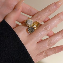 Crystal Geometric Statement Adjustable Open Band Ring for Women Girls Stacking Bezel Round Princess Cut Cube CZ Art Deco Finger Rings Comfort Fit Chunky Trendy Shiny Prom Party Birthday Jewelry