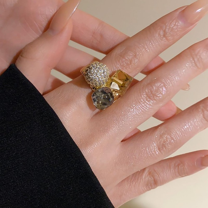 Crystal Geometric Statement Adjustable Open Band Ring for Women Girls