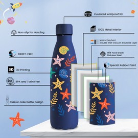 Vikastar Stainless Steel Water Bottle, 500 ml, BPA-Free Drinking Bottle, 3D Printed Thermos Flask, Leak-Proof Water Bottle for School, Bike, Camping, Fitness, Dark Blue Starfish